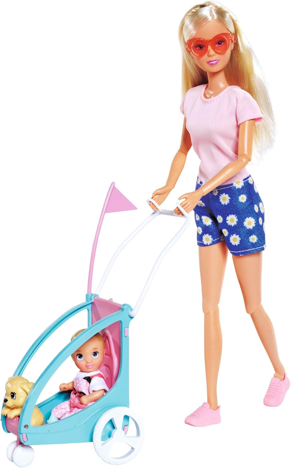 Remorcă pentru bicicletă Steffi Love, păpușă pe bicicletă cu remorcă pentru bebeluș, câine și căști, de la 3 ani în sus