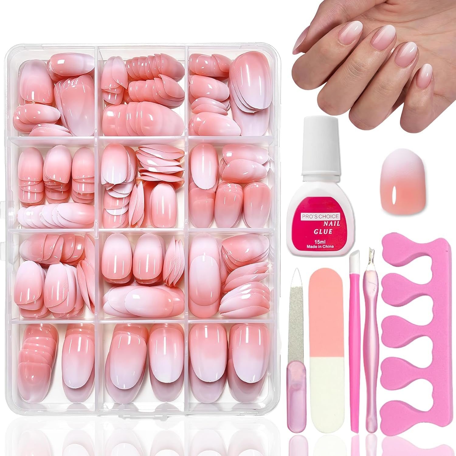 Kit unghii false 360 piese - Unghii artificiale scurte, nud, roz, alb, gradient - Unghii artificiale pătrate pentru lipit - Unghii autoadezive cu acoperire completă, lucioase, pentru femei și fete (pătrat)