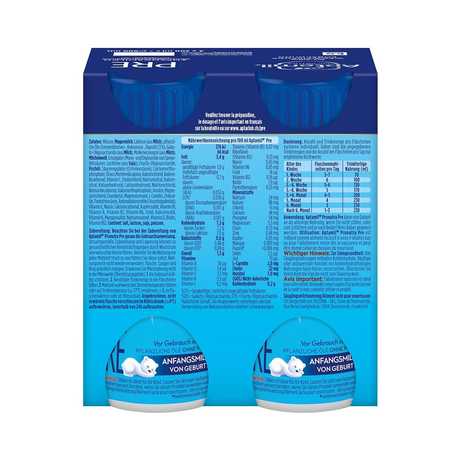 Aptamil Pronutra Pre – Formulă pentru sugari de la naștere – Cu uleiuri vegetale, fără ulei de palmier – 6 x 4 x 200 ml (4800 ml)