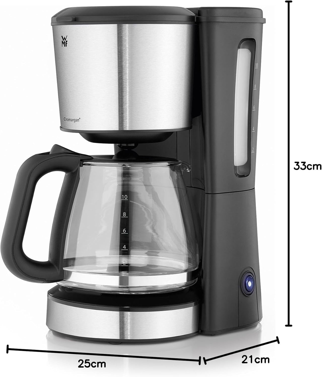 Espressor WMF Bueno cu carafă de sticlă, cafea filtrată, 10 cești, buton pornire/oprire, sistem anti-picurare, filtru oscilant, oprire automată, placă de încălzire, 1000W