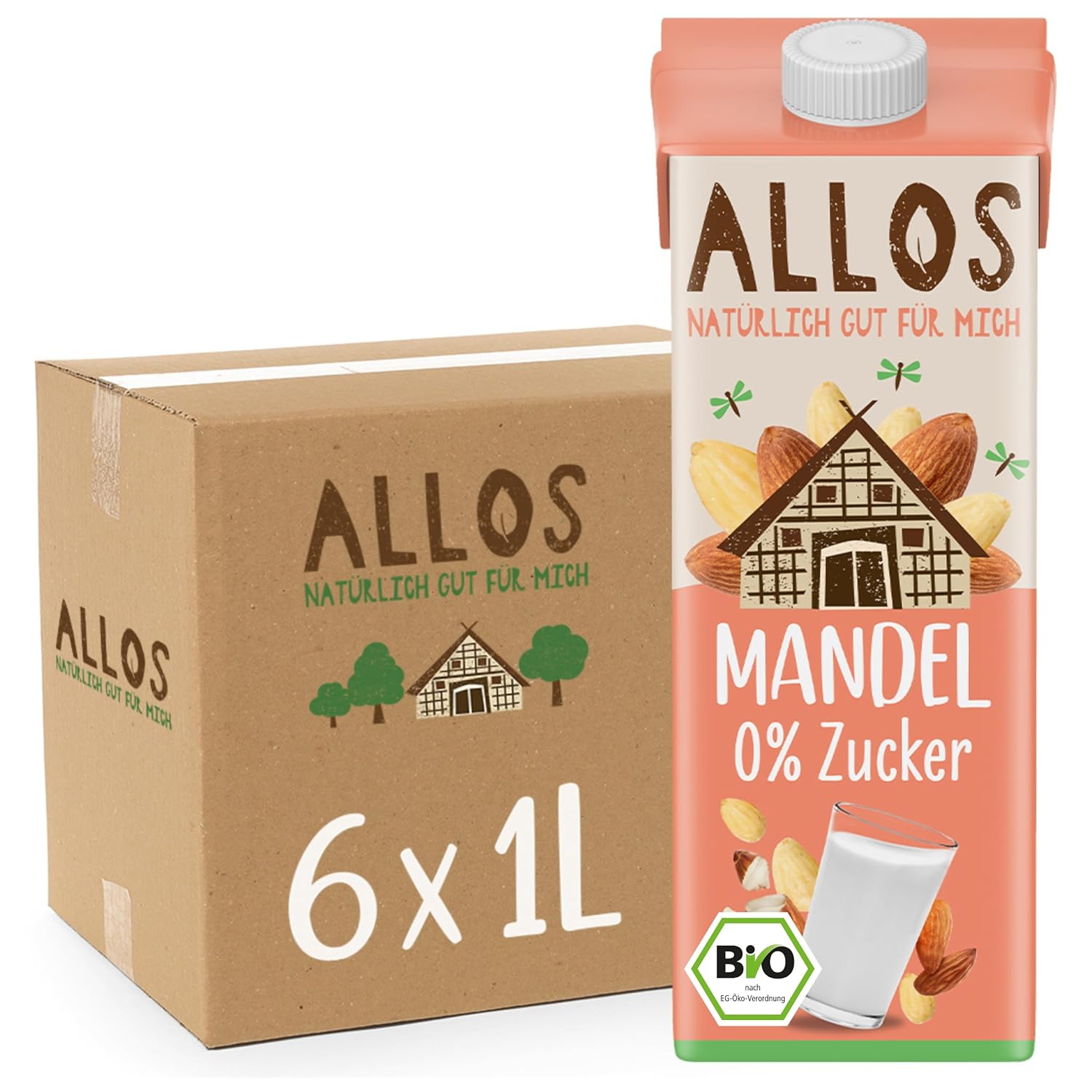 Allos Mandeldrink ohne Zucker | Mandel Drink Natur | Drink auf Pflanzenbasis | Mandel | veganer Drink | laktosefrei | 1 Liter (6 Stück)