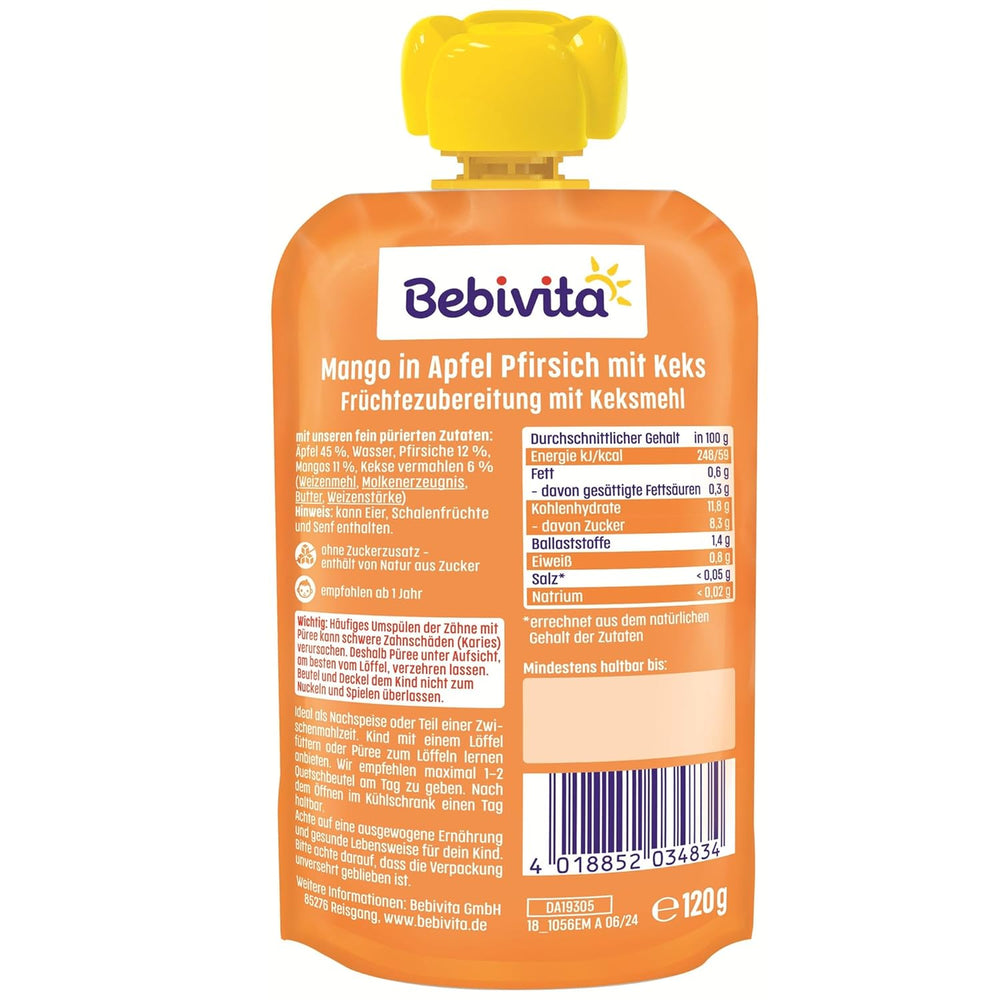 Mango în sos de mere și piersici cu plic de biscuiți (6 x 120g), fără zahăr adăugat, preparat din fructe blânde și cereale valoroase, ideal pentru gustări la pachet și pentru deplasare.
