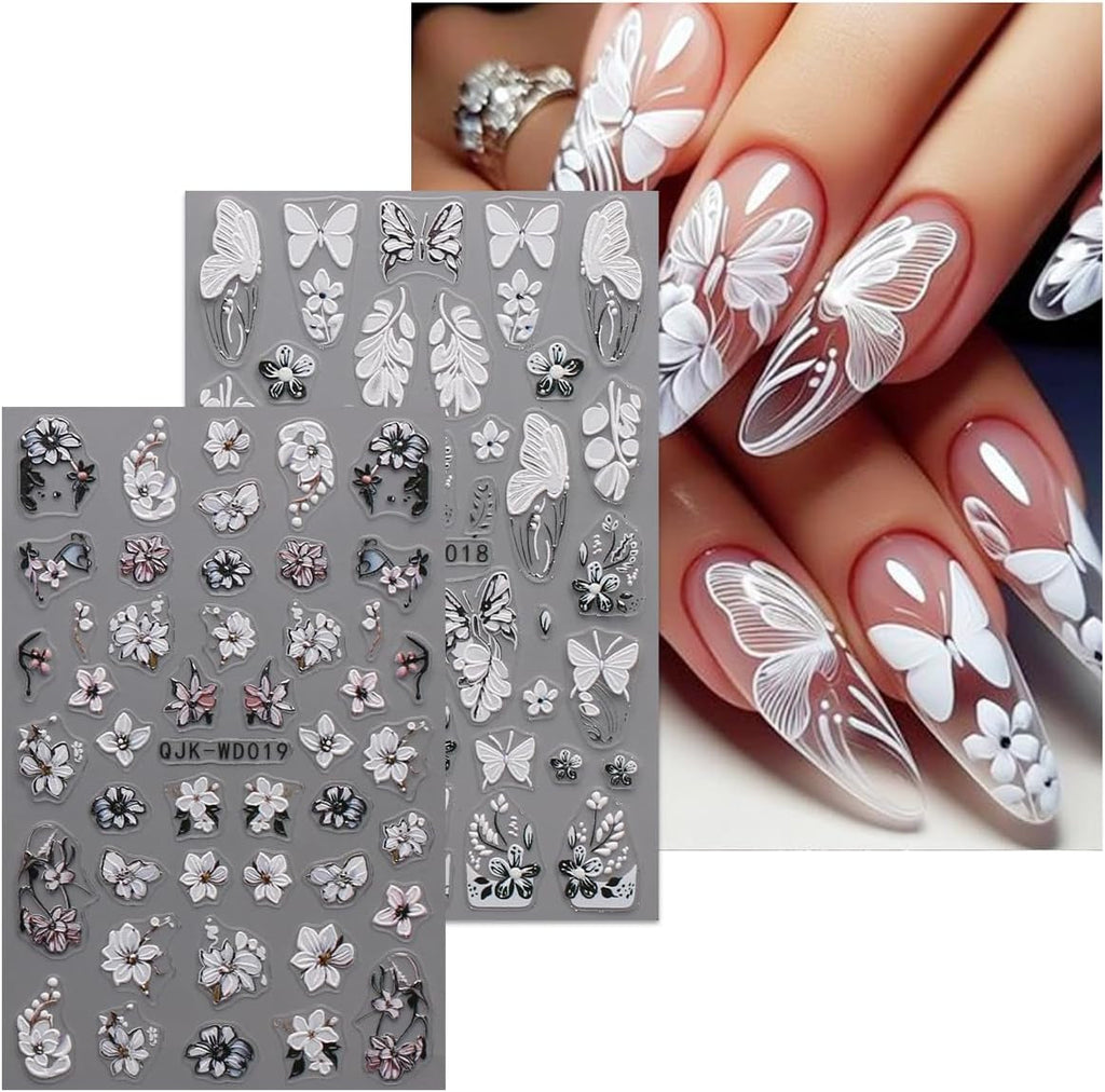 JMEOWIO Nagelsticker Schwarz Weiße Blume 6 Blatt Nail Art Sticker Selbstklebend Nagelaufkleber Frühling Sommer Floral Dekoration Nageldesign Zubehör