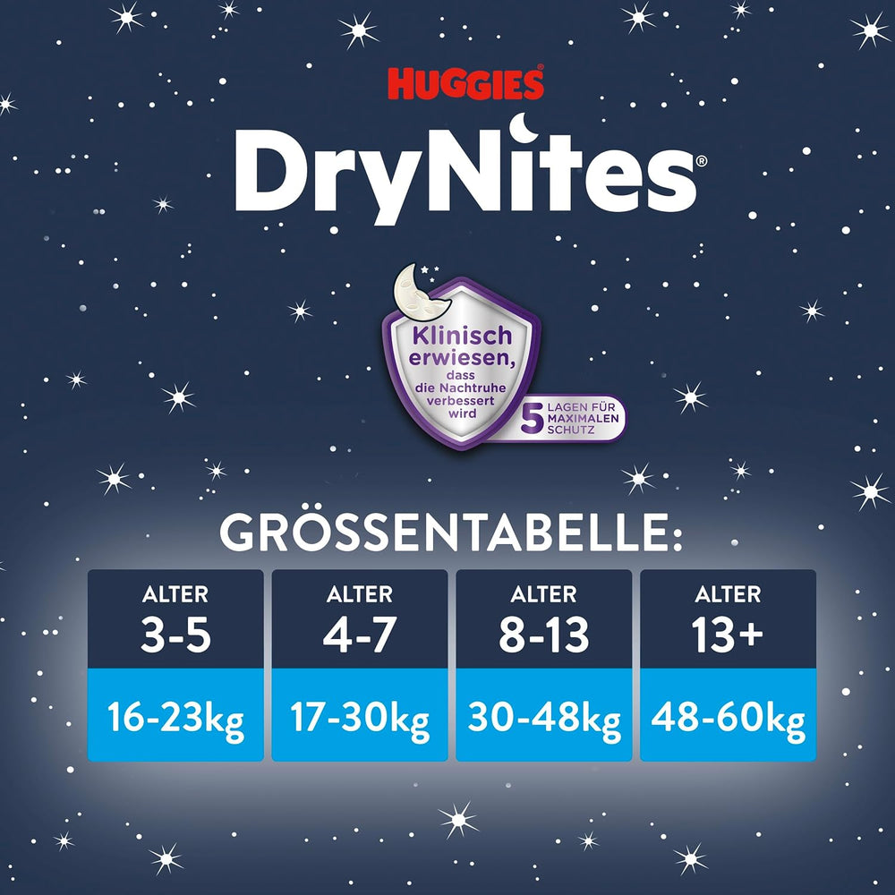 Scutece Huggies DryNites Nighttime pentru enurezis, pentru băieți de la 13 până la aproximativ 8-13 ani (30-48 kg), 33 de bucăți (3x11), pachet lunar Jumbo, chiloți pentru scutece XL, produse de baie Vazba