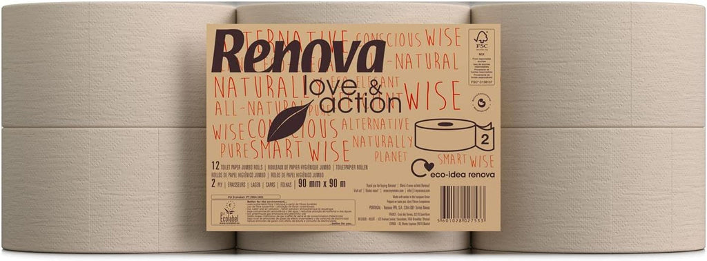 Hârtie igienică Renova Jumbo Love&Action, 12 role premium, 90 M, hârtie kraft, 2 straturi, certificată FSC & Ecolabel