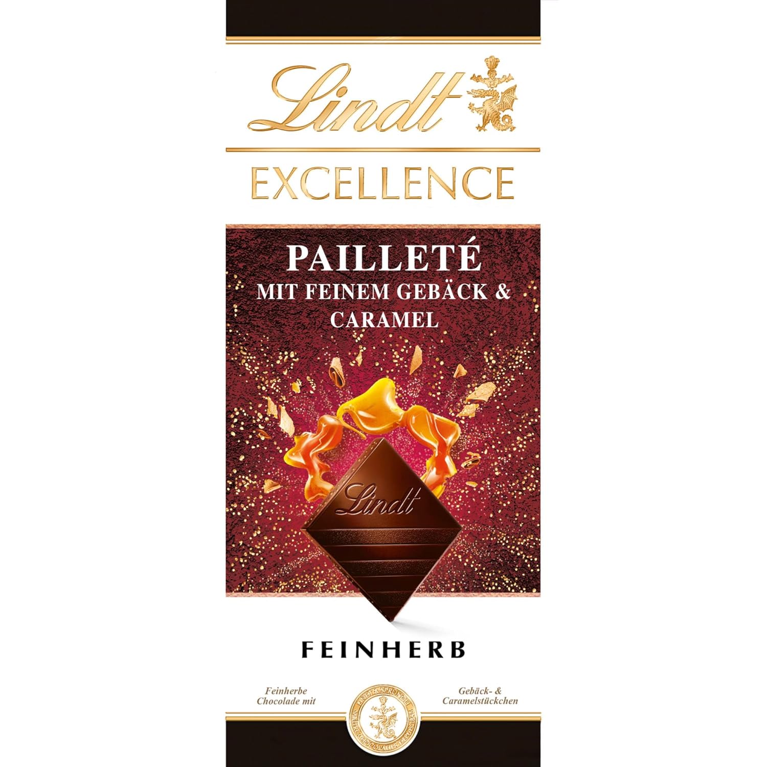 Lindt EXCELLENCE Bucăți De Aluat Cu Paiete Și Caramel - Ciocolată Neagră Fină Cu Aromă Intensă De Cacao