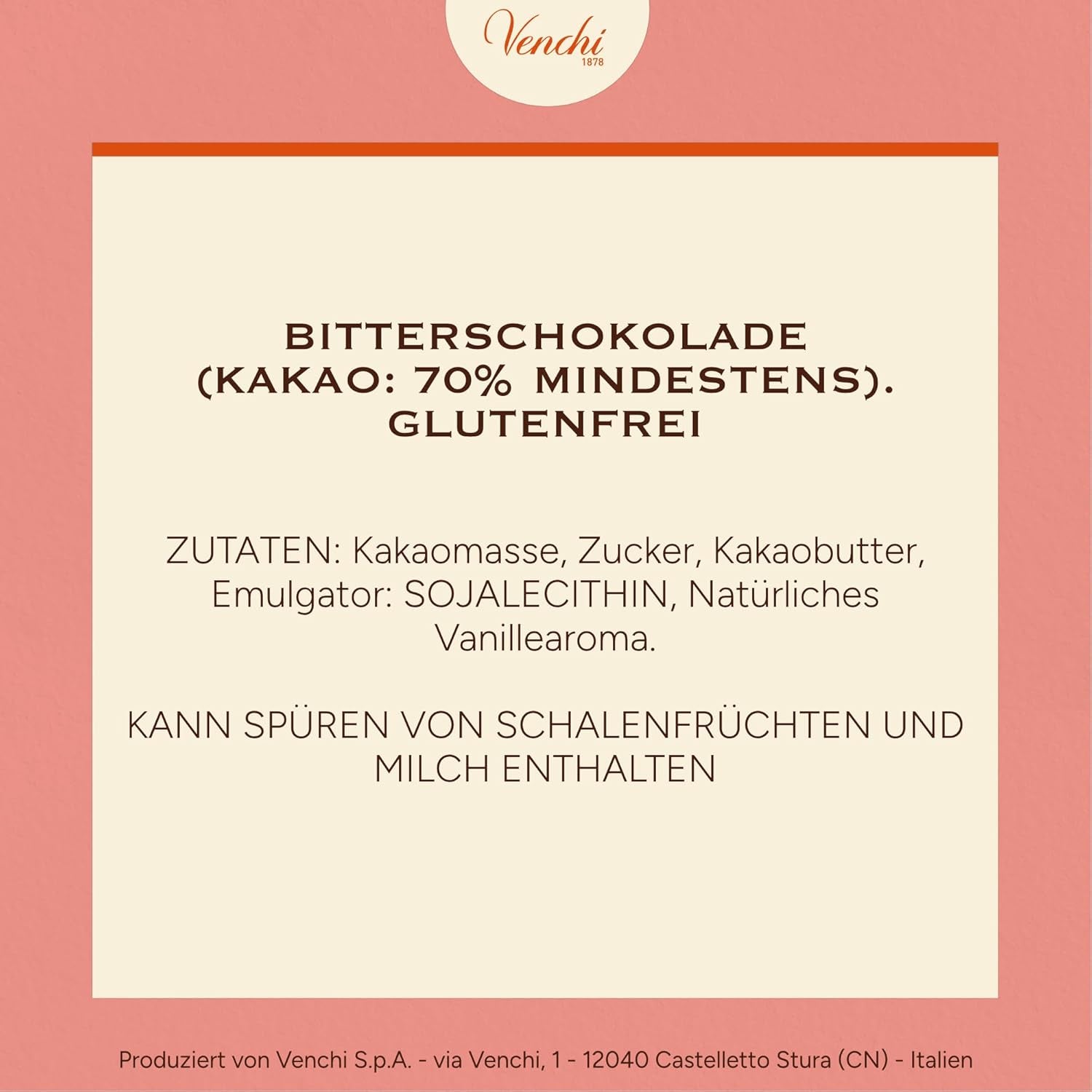 Venchi - Ciocolată neagră 70%, 78 g - Cu amestecuri de cacao selectate - Fără gluten - Vegan