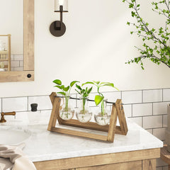 Stație de propagare hidroponică Bamworld cu suport din lemn – 3 vaze din sticlă pentru creșterea plantelor acvatice și decorarea casei