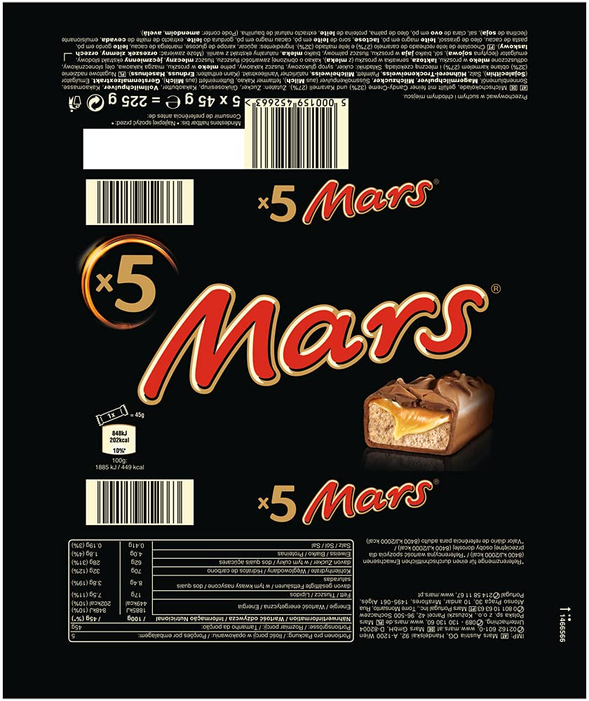 Batoane de ciocolată Mars, caramel, ciocolată, 1 pachet de 5 batoane (1 x 225 g) (pachet de 2)