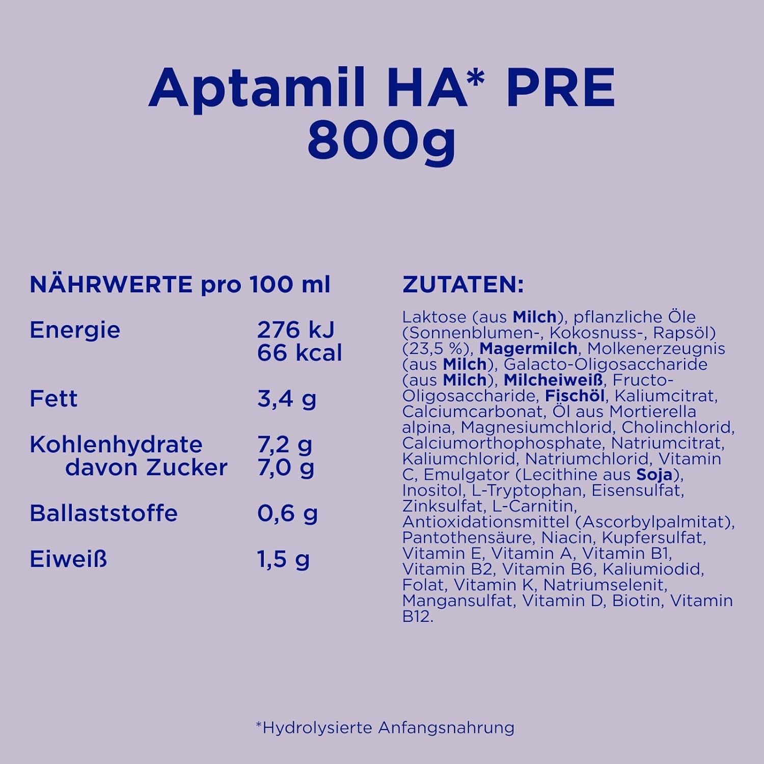 Aptamil HA PRE – Anfangsmilch von Geburt an, Mit DHA, Nur Laktose, Ohne Palmöl, Babynahrung, Milchpulver, 1x 800 g