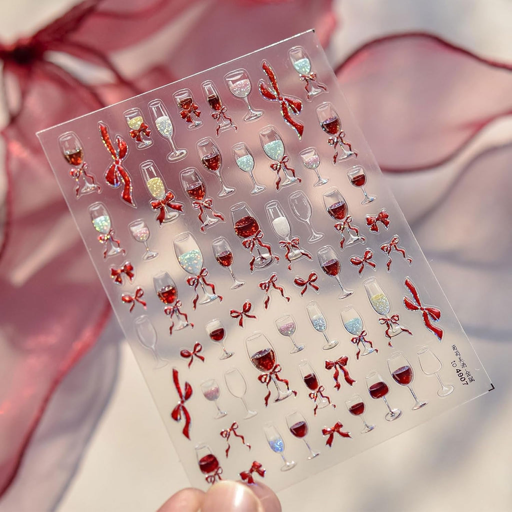 JMEOWIO 3D Nagelsticker Roter Kelch Mit Schleife Nail Art Sticker Selbstklebend Nagelaufkleber 5D Stereoskopisch Dekoration Nageldesign Zubehör 1 Blatt