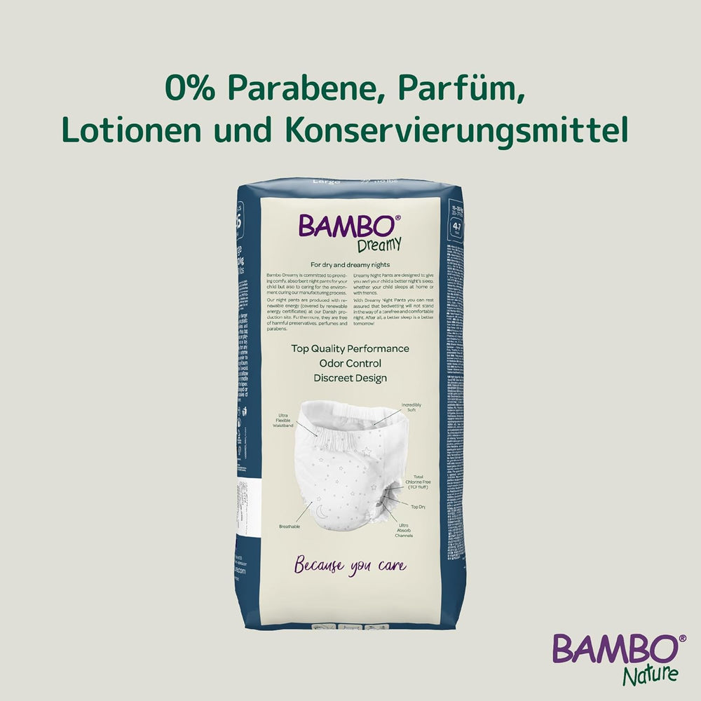 Scutece Bambo Dreamy Nighttime Pull-Up, mărime mare (35–50 kg/77–110 lbs), pachet de 10 | Scutece pull-Up pentru copii | Chiloți de noapte ultra-absorbanți pentru enurezis