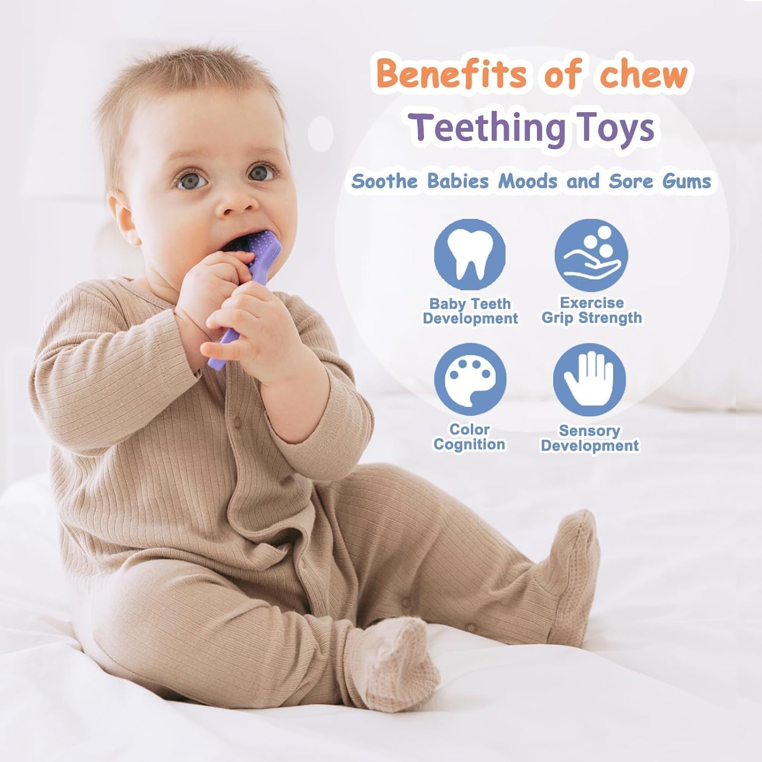 Inel de dentiție pentru bebeluși [Original] - Jucărie de dentiție din silicon, inel de dentiție răcoritor, ajutor pentru dentiție, fără BPA | Jucării, accesorii și cadouri pentru copii mici de 3+ luni | Pachet de 4