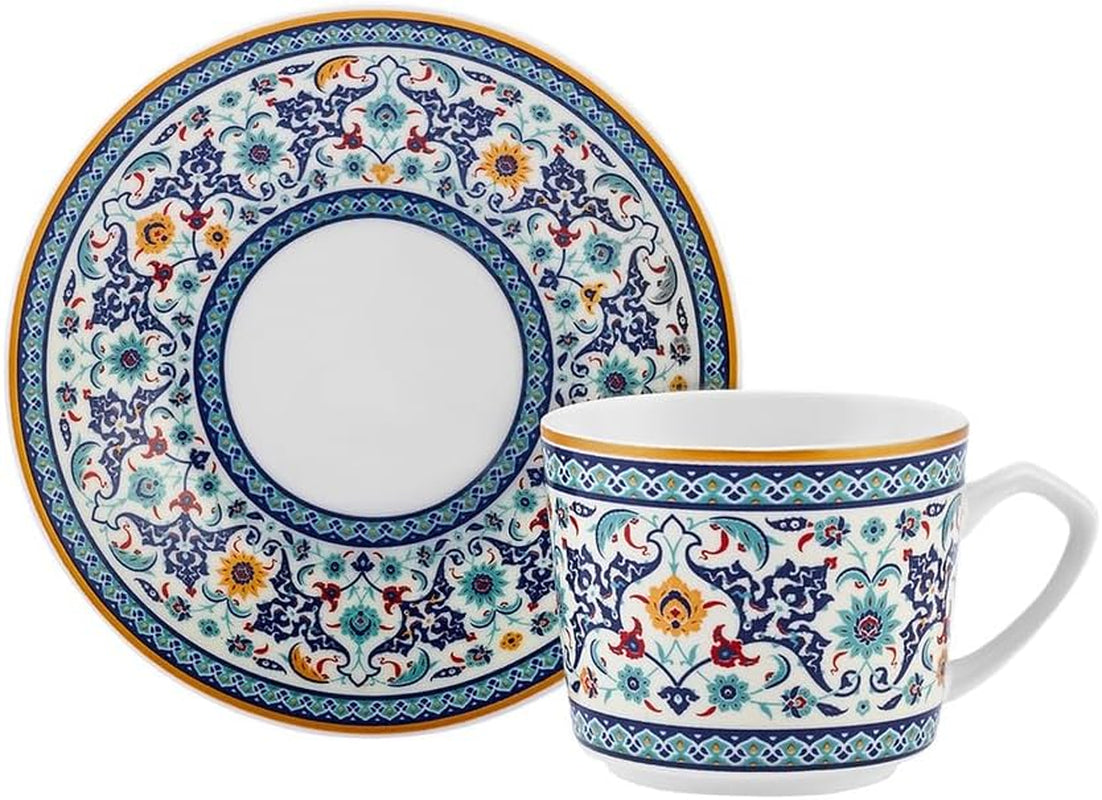 KARACA Beylerbeyi - Set de cești de cafea turcească, 12 piese, Set de 6 cești de espresso din porțelan cu farfurioare, Set de cești de espresso de 80 ml, Design tradițional - Albastru