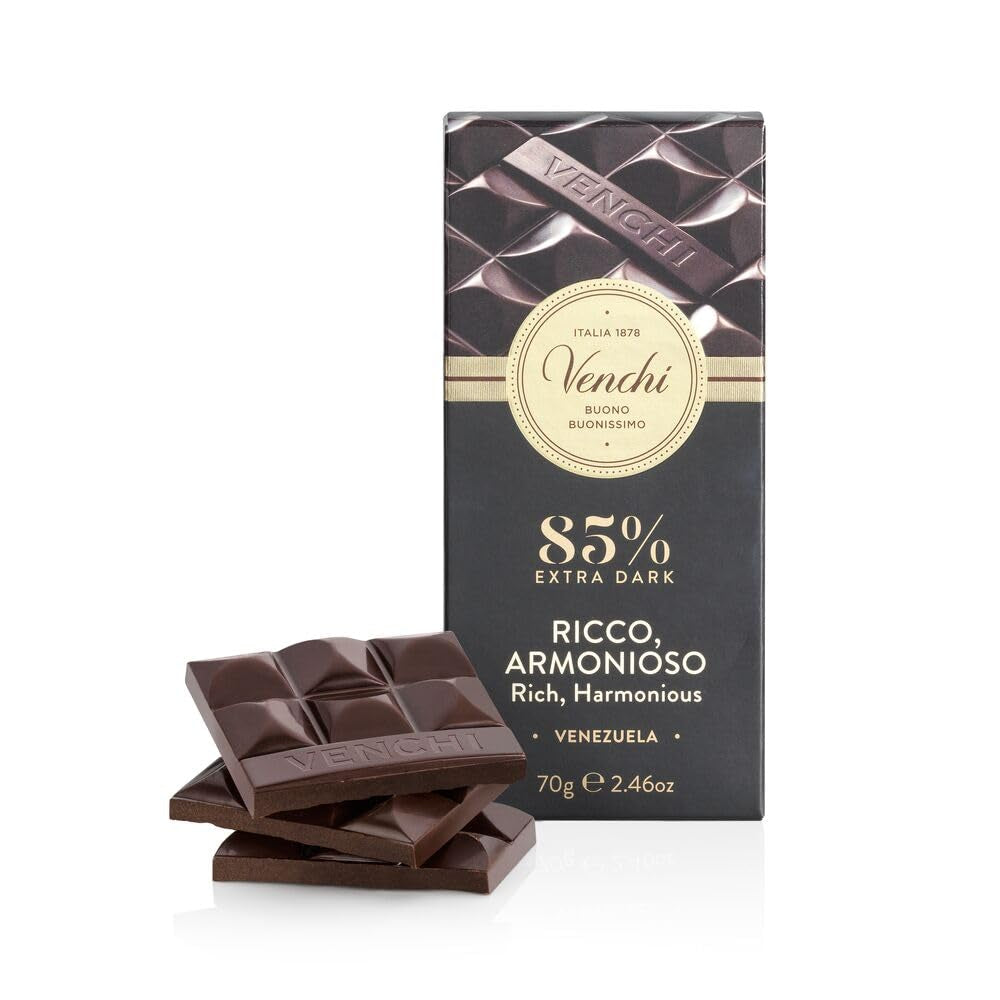 Venchi - Baton de ciocolată 85%, 70g - Cu boabe de cacao prăjite crocante - Fără gluten - Vegan