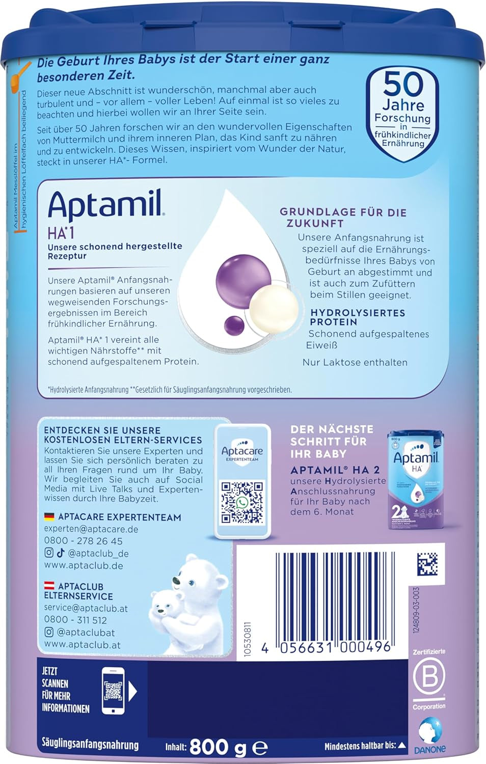 Aptamil HA 1 – Formulă de lapte praf pentru sugari de la naștere, cu DHA, fără lactoză, fără ulei de palmier, hrană pentru bebeluși, lapte praf, 1 x 800 g