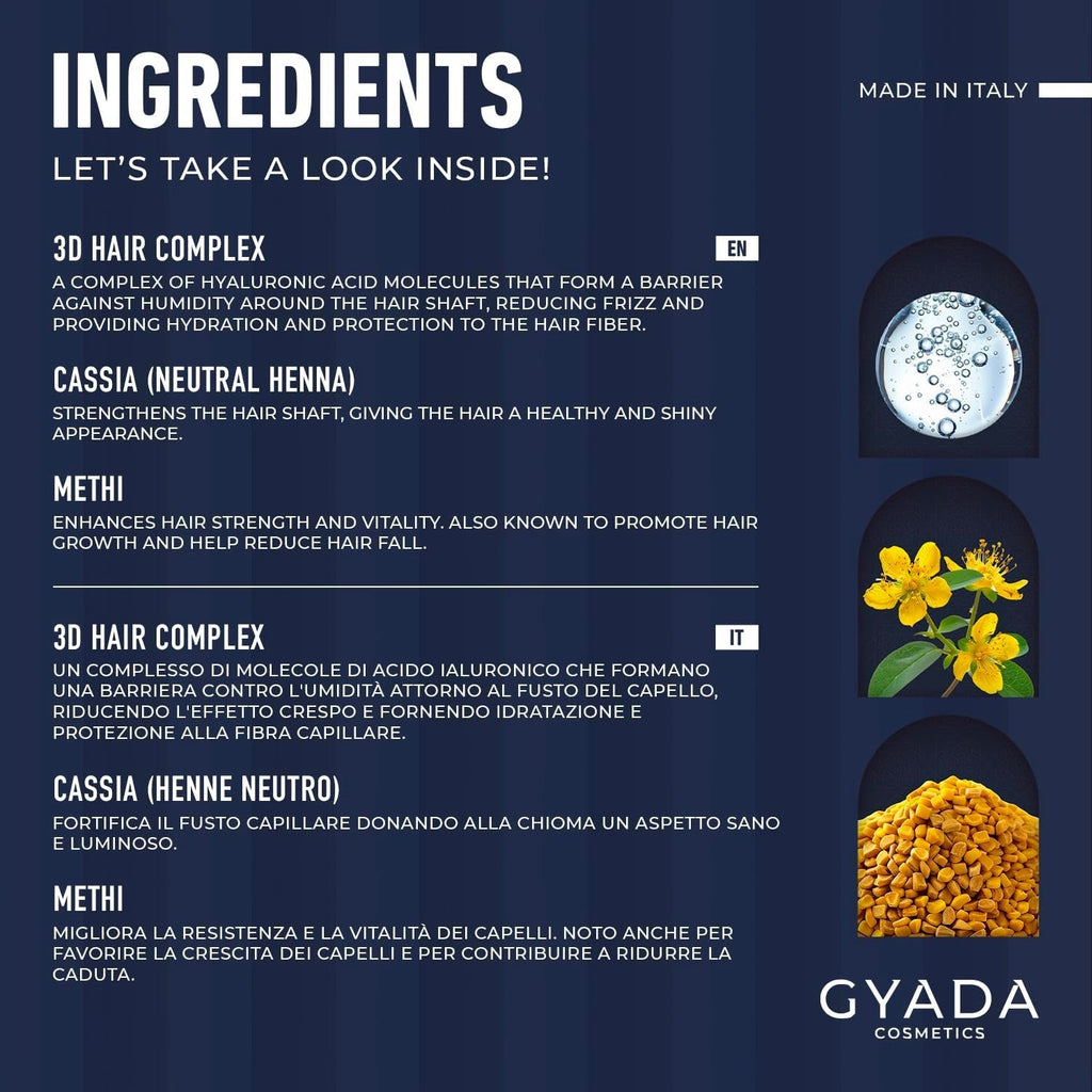 GYADA COSMETICS, compresă ayurvedică de întărire Hyalurvedic, tratament profesional pentru păr fin și slab, combate încrețirea cu methi, maca, henna neutră, 200 ml Masca de par Naty Shop