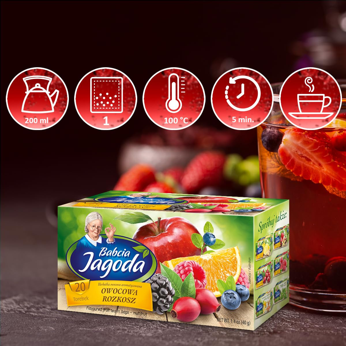 Babcia Jagoda - Ceai de fructe „Fruchtige Verführung” - 20 pliculețe de ceai - Cu hibiscus, măr, aronia, mure, măceșe, coajă de portocală - Aromă intensă de fructe, fără cofeină, vegan, natural, Cay - 40G