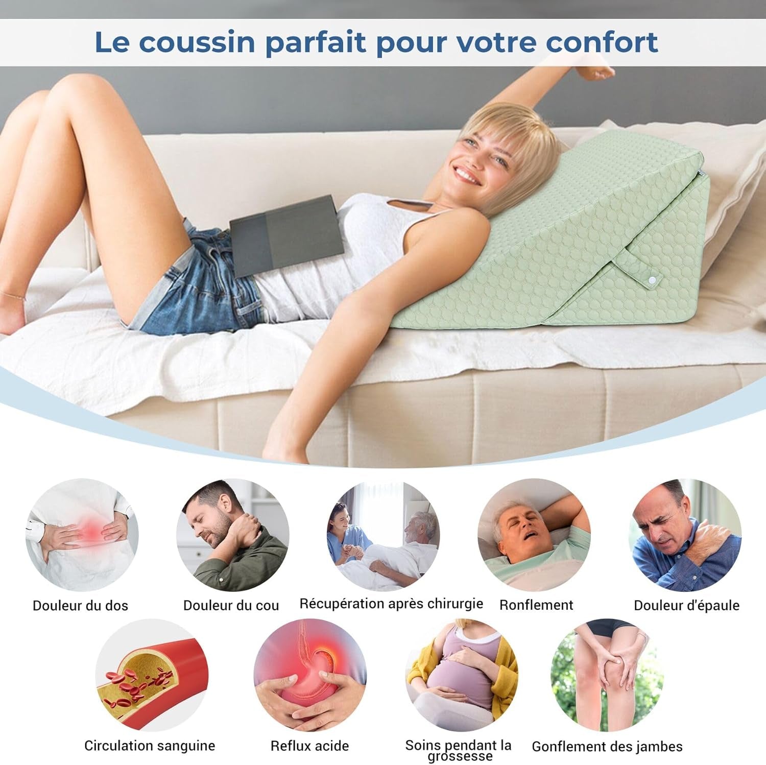 Pernă cu pană INFANZIA pentru pat, pernă de colț, pernă triunghiulară, pliabilă, fabricată din spumă cu memorie, pentru apnee în somn, reflux acid, ridicarea picioarelor, citit, verde