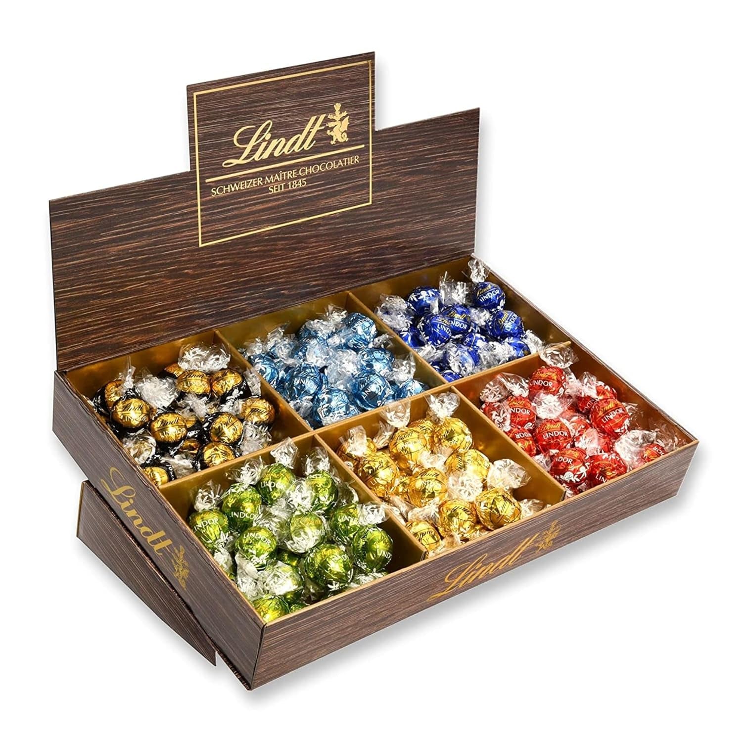 Lindt Ciocolată LINDOR, Vitrină de Tejghea | 1718 g | Aprox. 138 trufe în varietățile Lapte, Neagră 70%, Seminegră, Stracciatella, Albă, Fistic | Set Cadou Ciocolată | Cadou Ciocolată | Pachet Vrac