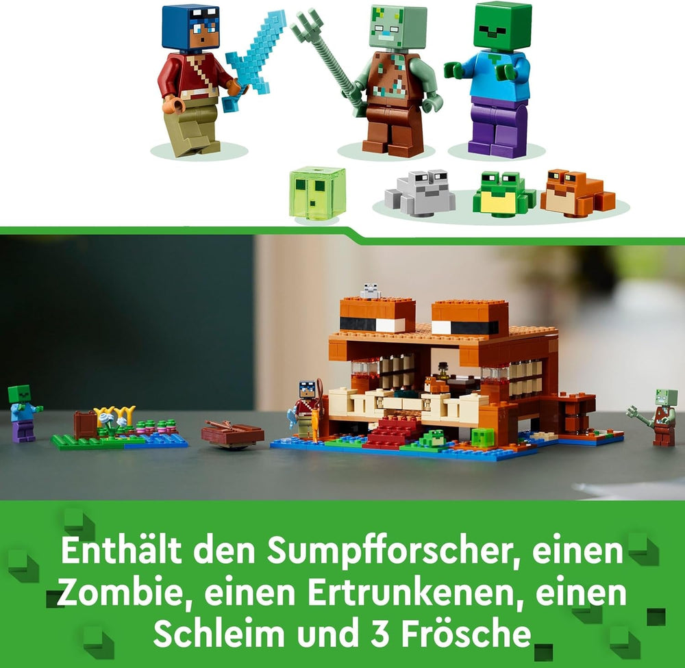 LEGO Minecraft The Frog House, casă de jucărie cu figuri, inclusiv zombie, slime și om înecat, plus accesorii precum barcă de jucărie și banc de lucru, cadou pentru băieți și fete de la 8 ani 21256 Seturi de constructie Besuche den LEGO-Store
