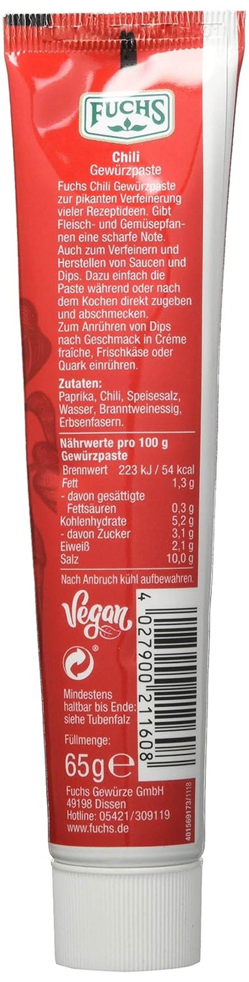 Fuchs Gewürze – Chili Gewürzpaste, vollmundig pikantes Aroma, Paste zum Würzen von scharfen Soßen, Fleisch-Gerichten oder Suppen jeglicher Länder-Küchen, 65 g