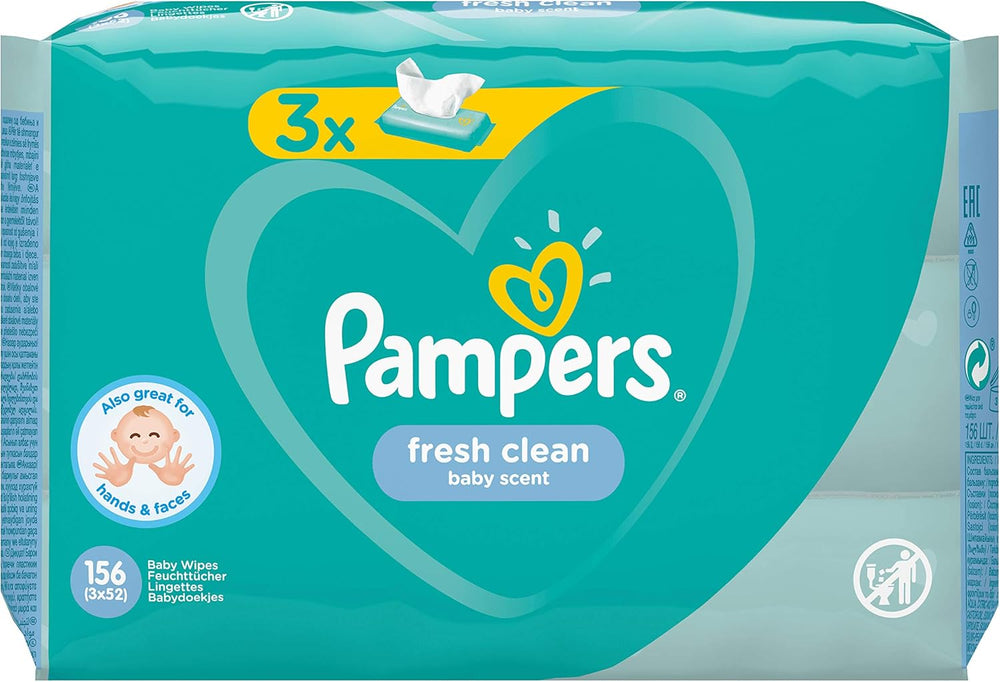 Șervețele umede pentru bebeluși Pampers Fresh Clean 81688041, 3x52 bucăți, (Șervețel umed pentru bebeluși, Pungă de plastic, Fetiță/Băiat, Turcoaz, Alb, Germania, 896,7 g)