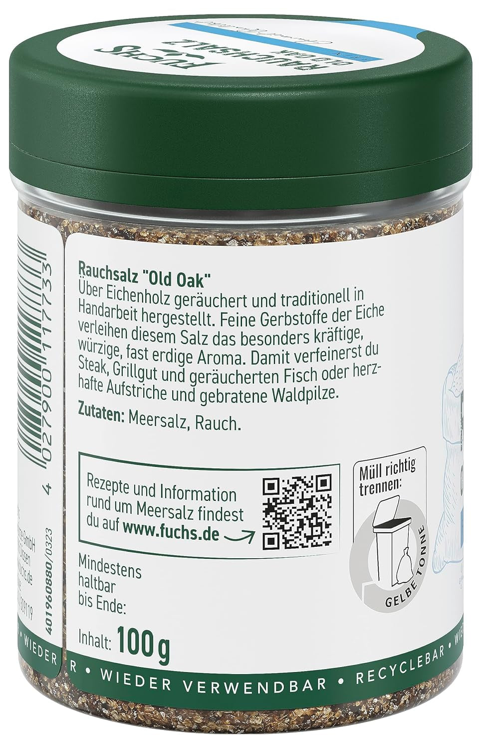 Fuchs Gewürze - Rauchsalz "Old Oak" - über Eichenholz geräuchert, rauchiger Geschmack für Grillfleisch oder Fisch - natürliche Zutaten - 100 g in wiederverwendbarer, recyclebarer Dose