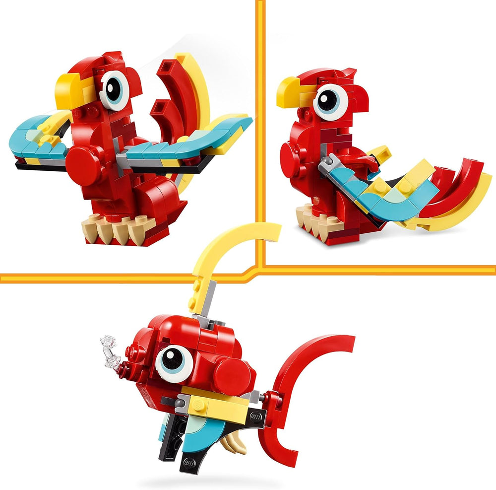 LEGO Creator 3in1 Red Dragon Toy to Fish Figure to Phoenix Bird Model, Animal Figures Set, Gifts for 6 Plus Year Old Boys, Girls and Kids 31145
