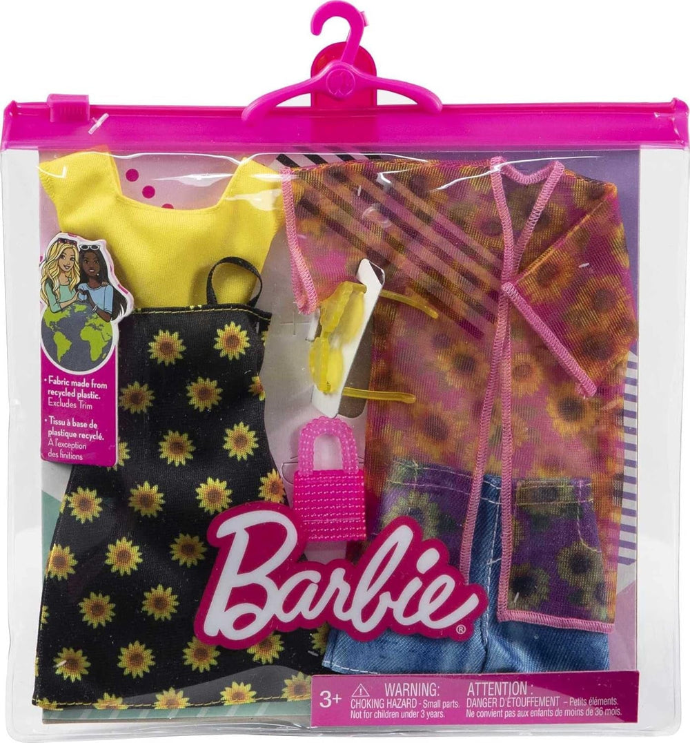 Barbie Fashions 2er-Pack, 2 Outfits & 2 Accessoires: Hemd, Shorts & Kimono, ärmelloses Sonnenblumenkleid, Geldbörse & Sonnenbrille, Kinder ab 3 Jahren