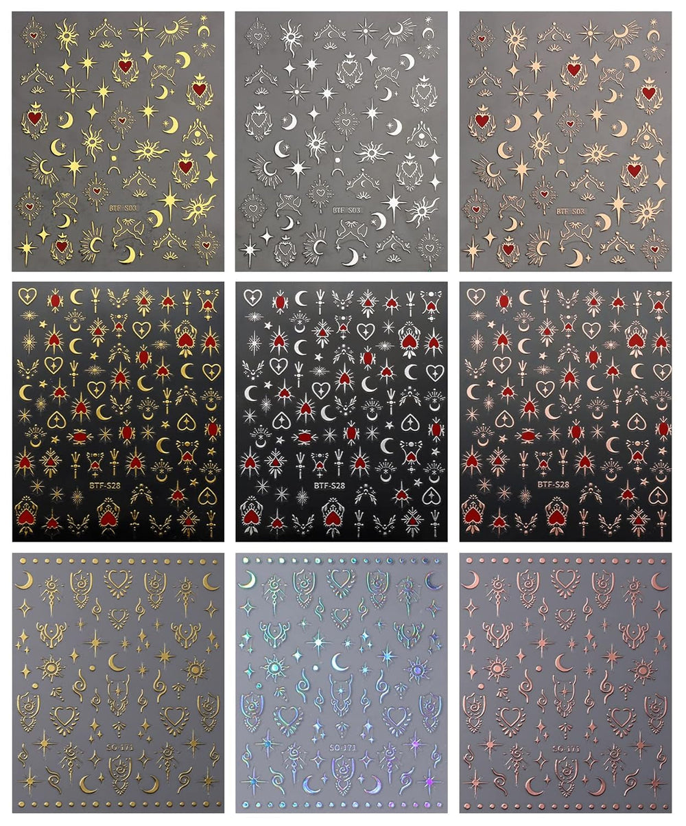 JMEOWIO Nagelsticker Mond Stern 9 Blatt Nail Art Sticker Selbstklebend Nagelaufkleber Sonne Dekoration Nageldesign Zubehör