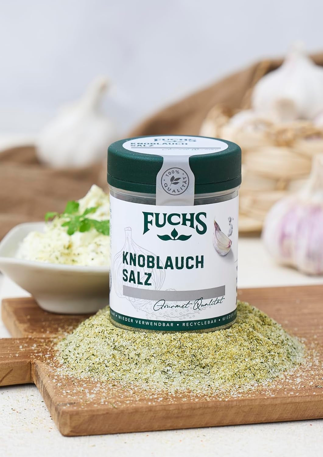 Fuchs Gewürze - Knoblauchsalz - Gewürzsalz für Dips, Saucen und Gemüse - natürliche Zutaten - 90 g in wiederverwendbarer, recyclebarer Dose