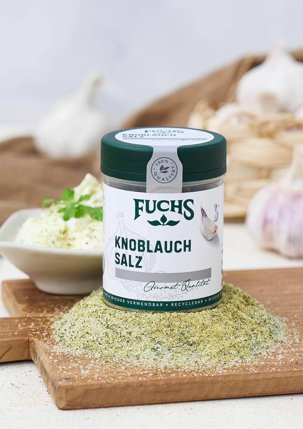 Fuchs Gewürze - Knoblauchsalz - Gewürzsalz für Dips, Saucen und Gemüse - natürliche Zutaten - 90 g in wiederverwendbarer, recyclebarer Dose
