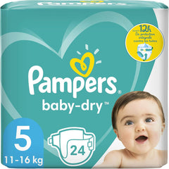 Scutece Pampers pentru bebeluși mărimea 5 (11-16 kg), 24 de bucăți, până la 12 ore de protecție împotriva scurgerilor