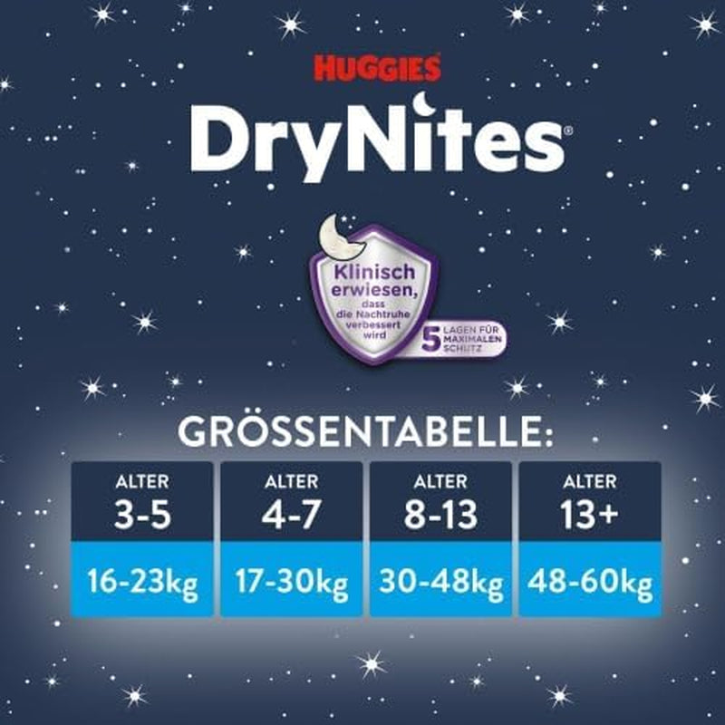Scutece Huggies DryNites foarte absorbante pentru noapte, pentru fete 4-7 ani, 4 x 16 scutece-chiloți (64 bucăți), pachet lunar