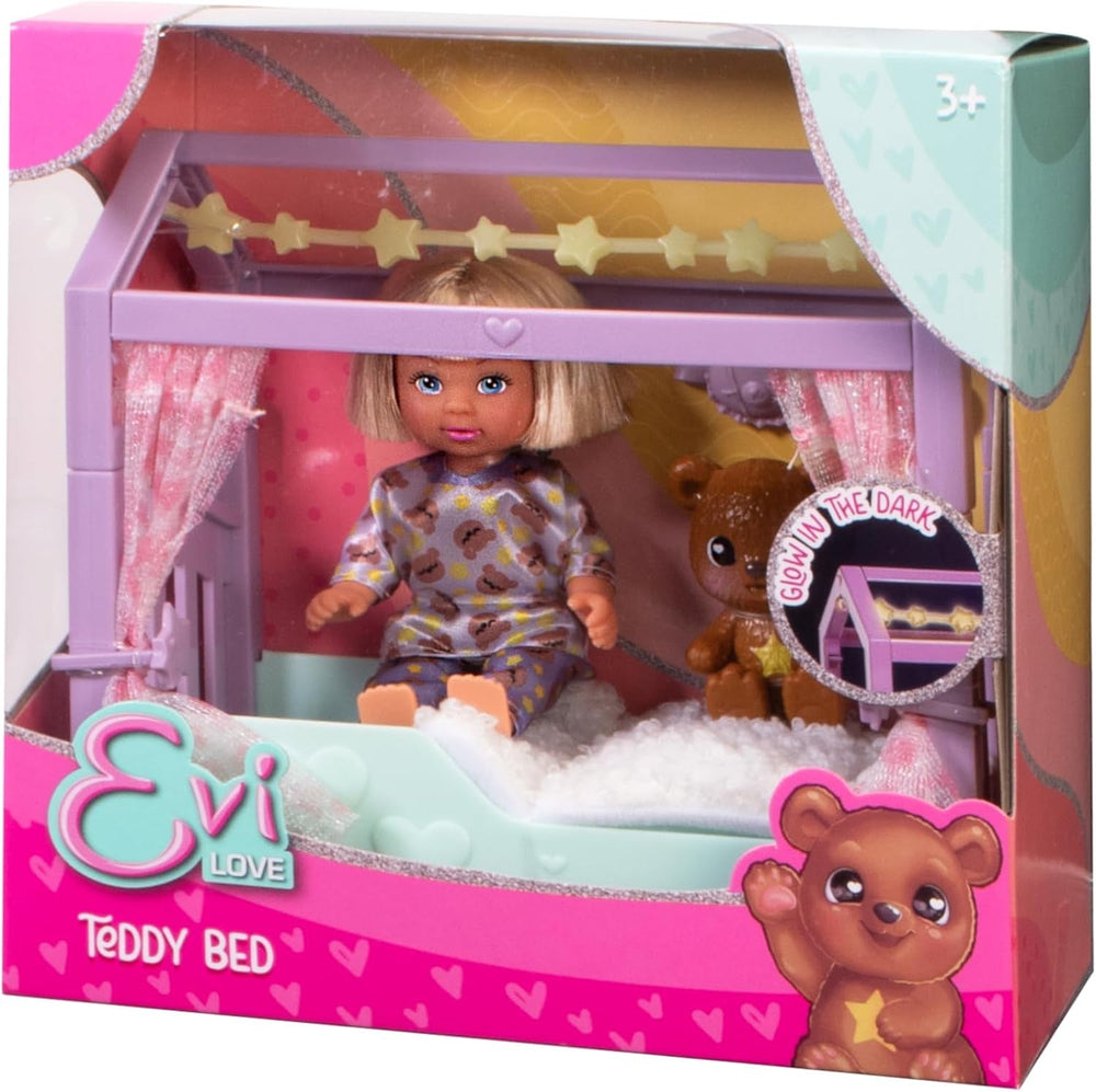 Simba Evi Love Teddy Bed, Spielpuppe im Schlafanzug mit Schlafmaske, Flauschiger Decke, Teddy und Bett mit Glow in the Dark, 12cm, ab 3 Jahren