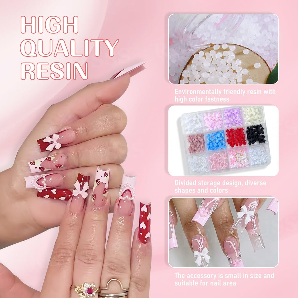 Decorațiuni 3D pentru unghii, 1 cutie de brelocuri pentru unghii, brelocuri pentru unghii cu fundă în formă de inimă și flori în stil mixt, decorațiuni pentru unghii din rășină, pentru decorațiuni Nail Art, accesorii DIY pentru artizanat