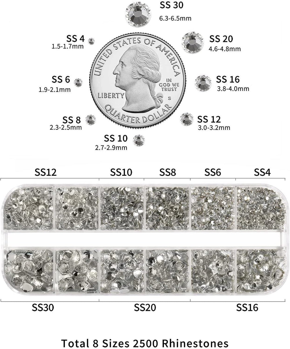 Beadsland 2500Pcs Glas Nailart Strasssteine Kristall Flatback Edelsteine Runde, ​​Für Handwerk Gemischt 8 Größen SS4 ~ SS30 Mit Picking Pinzette Und Stift (Kristall Weiss)