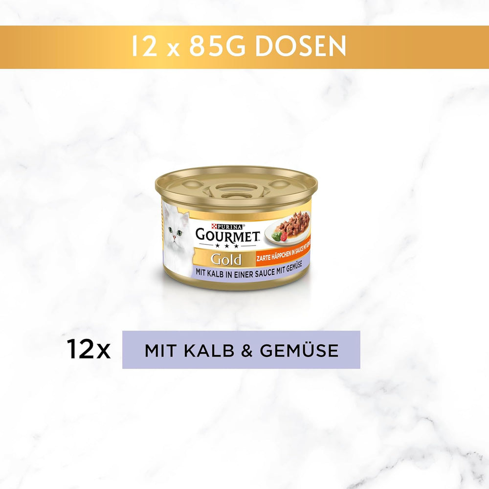 Gourmet Gold Tender Morsels în sos cu legume, hrană umedă pentru pisici cu vițel și legume, pachet de 12 (12 x 85g)