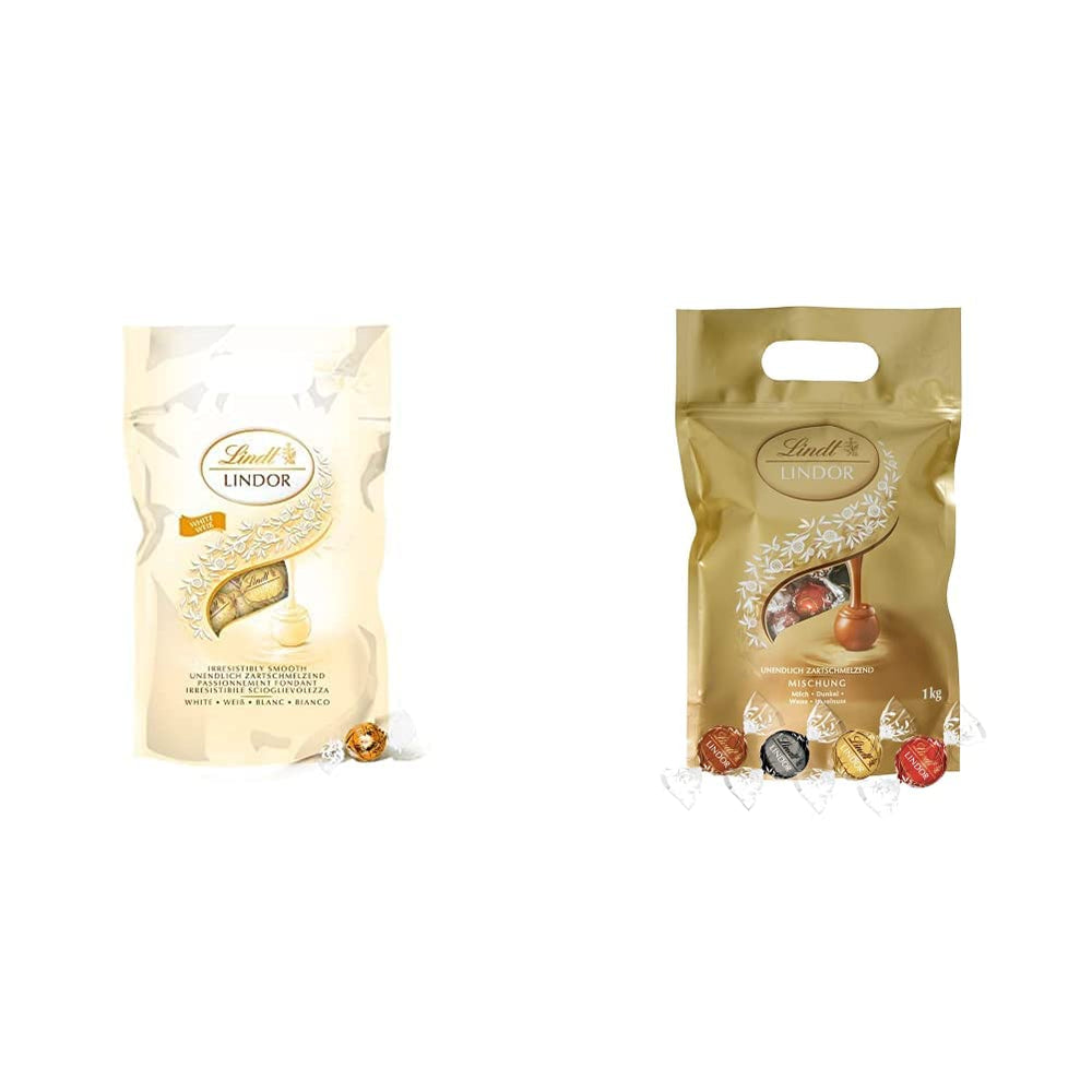Bile de ciocolată albă LINDOR, 1 kg și LINDOR | pungă resigilabilă de 1 kg | aprox. 80 de bile de ciocolată cu lapte și mentă cu umplutură | Pachet vrac, cadou pralină, cadou ciocolată