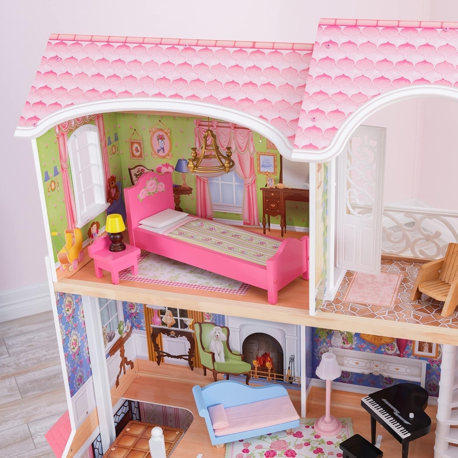 Casa de păpuși Kidkraft Magnolia Mansion din lemn cu mobilier și accesorii, set de joacă cu balcon și lift pentru păpuși de 30 cm, jucărie pentru copii de la 3 ani, 65907 Casute de papusi Naty Shop