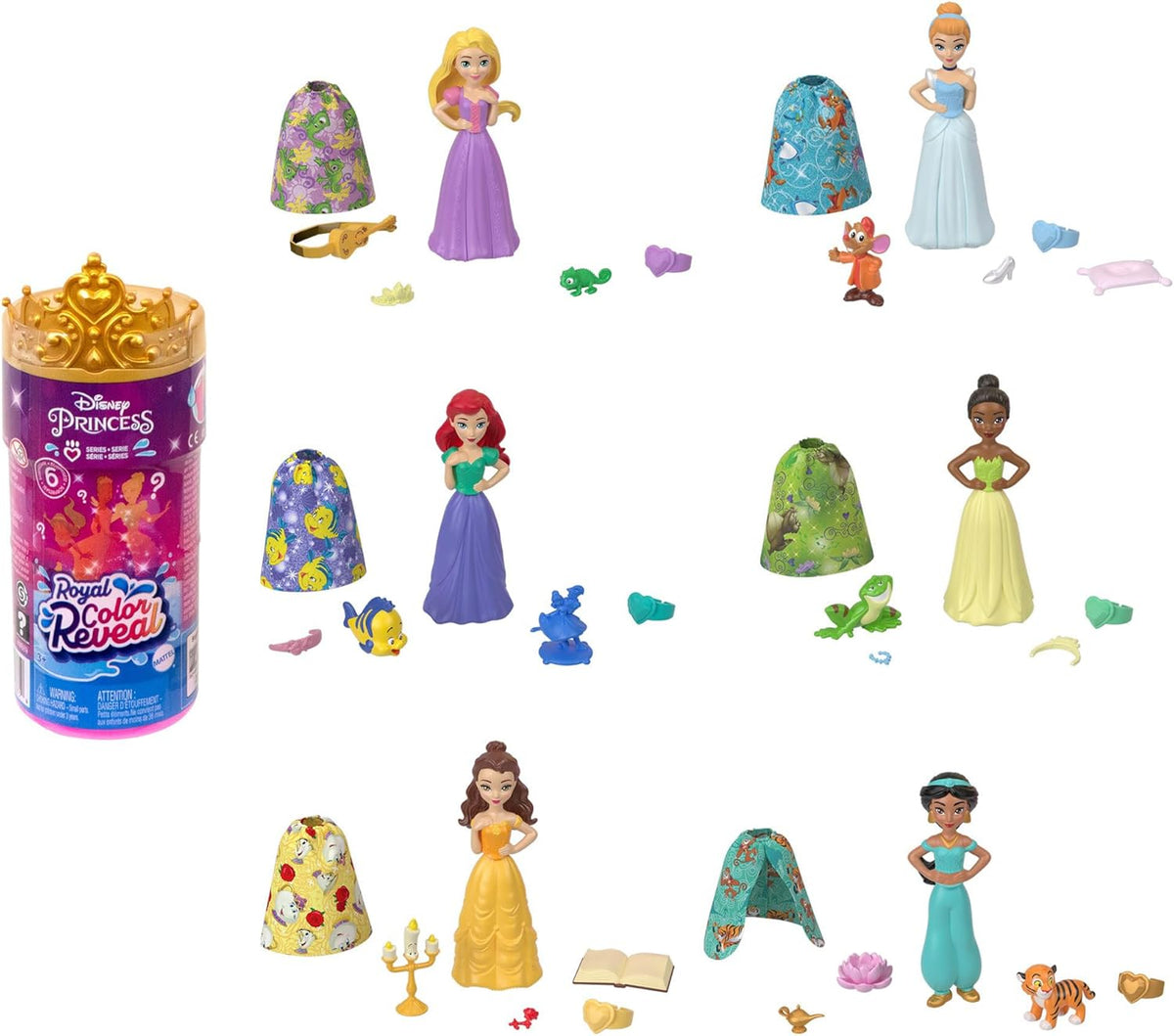 Disney Prinzessin-Spielzeug, Royal Color Reveal-Puppe mit 6 Überraschungen zum Auspacken, Freundschaft-Serie mit einer Figur eines Freundes, von den Disney-Filmen inspiriert