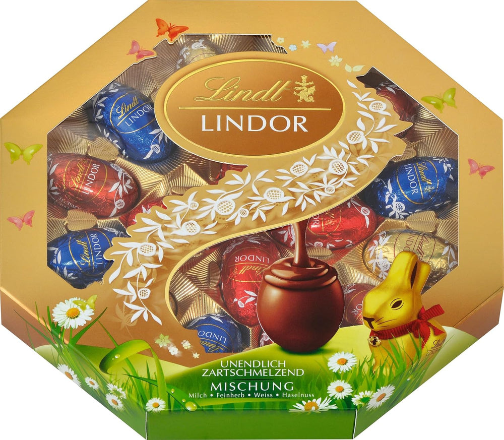 Mix de Paște Lindt Chocolate LINDOR | Casetă 144g | Ouă LINDOR care se topesc în gură în trei variante: Ciocolată cu lapte, Ciocolată neagră, Alune | Ciocolată de Paște | Cadou de ciocolată | 1 pachet
