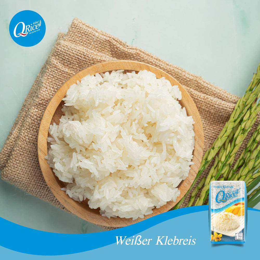 Q RICE | Weißer Klebreis Langkorn aus Thailand | Aromatisch mit klebriger Textur | Ideal für Currys, Sushi, Mochi oder Reispudding | 1 x 1 kg