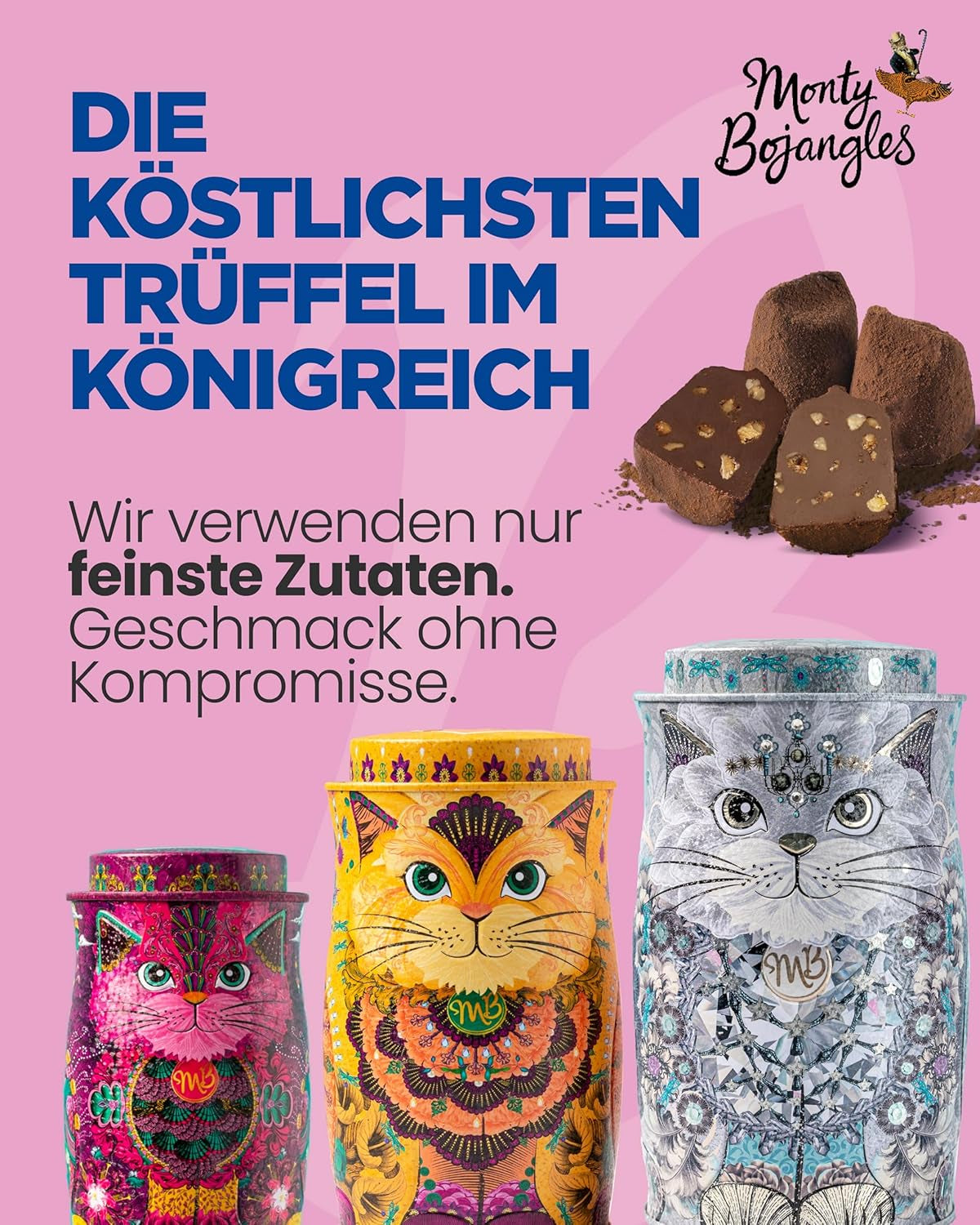 Trufe de ciocolată Monty Bojangles Savanna Gold (135g) pudrate cu cacao, praline, set cadou într-o cutie individuală de colecție cu design de pisică, aromă de scotch Flutter