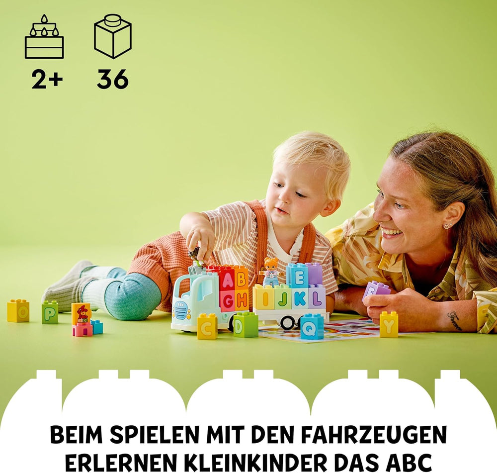 LEGO DUPLO Town ABC-Lastwagen, Lernspielzeug für Kleinkinder ab 2 Jahren, ABC-LKW-Spielzeug mit Anhänger und Buchstaben-Steinen, plus Figuren eines Jungen und eines Mädchens, Geschenk für Kinder 10421
