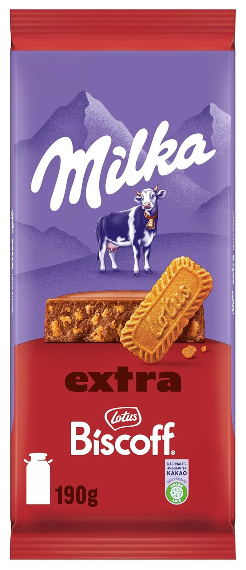 Ciocolată Milka Extra Biscoff – Ciocolată cu lapte alpină cu bucăți crocante de biscuiți Lotus Biscoff – 190g