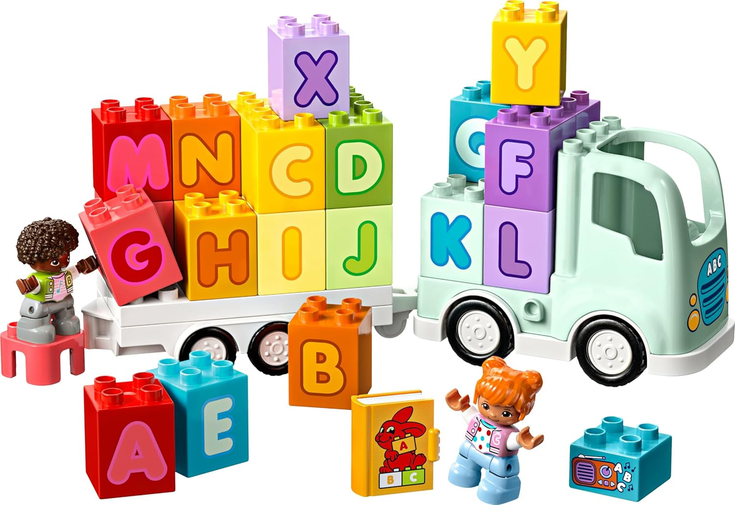 LEGO DUPLO Town ABC-Lastwagen, Lernspielzeug für Kleinkinder ab 2 Jahren, ABC-LKW-Spielzeug mit Anhänger und Buchstaben-Steinen, plus Figuren eines Jungen und eines Mädchens, Geschenk für Kinder 10421