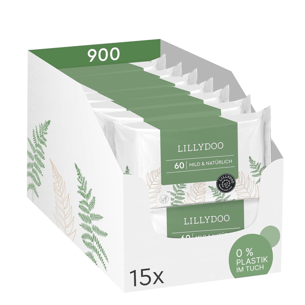 Șervețele umede LILLYDOO verzi, 600 bucăți (10 x 60), șervețel 100% fără plastic, rezistent la rupere - fără parfum, delicate și naturale, curățare delicată pentru pielea sensibilă, testate dermatologic