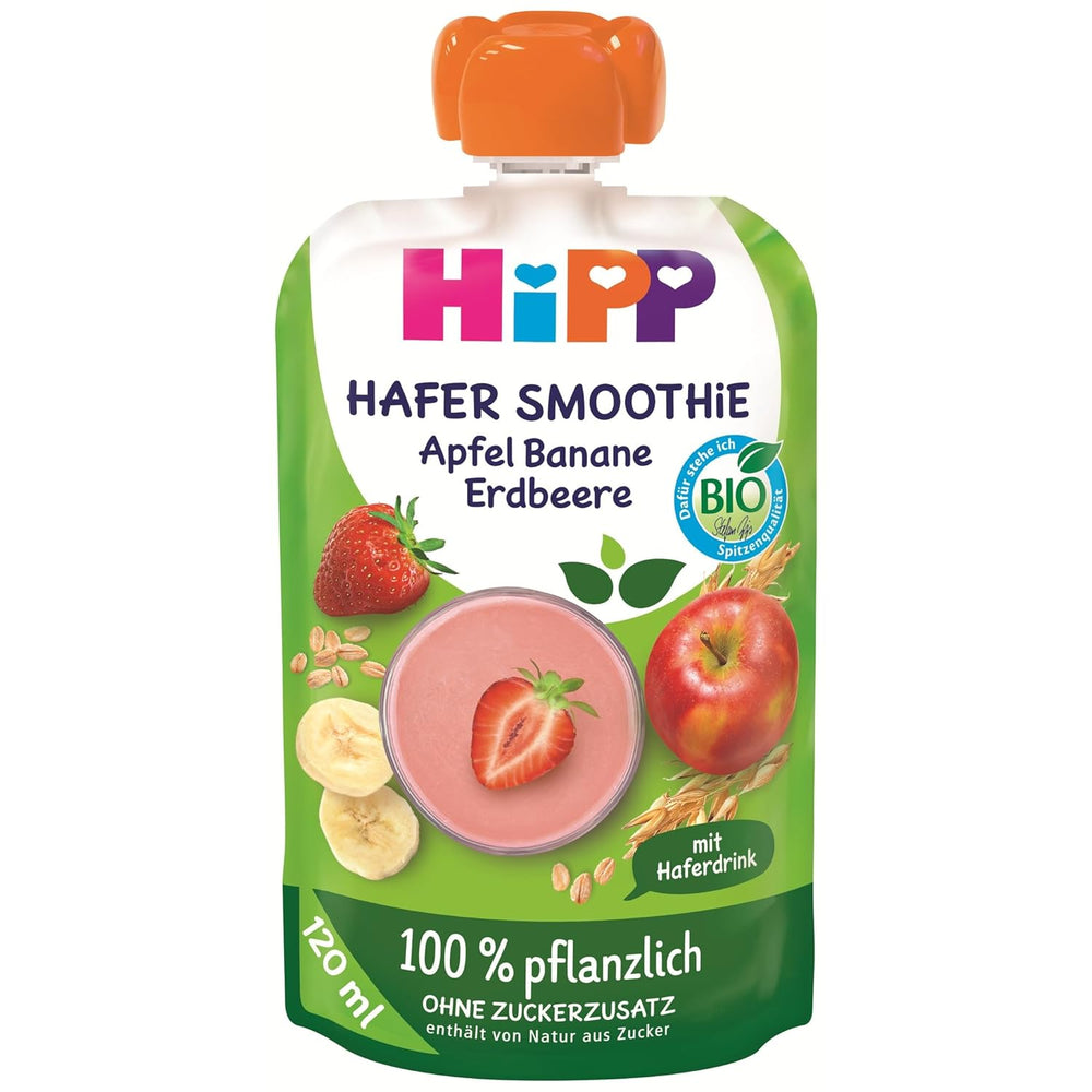 HiPP Bio Quetschie Hafer Smoothie Apfel Banane Erdbeere mit Haferdrink (6 x 120ml), ab 1 Jahr, 100% pflanzlich, ohne Zuckerzusatz, vegan, in bester Bio-Qualität